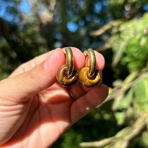 18K Gold Plated Stainless Steel Tiger Eye Stone Hoop Earrings